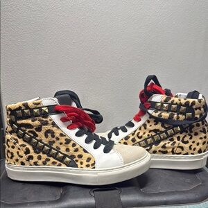 Leopard Print High-Top Sneakers with Red Laces